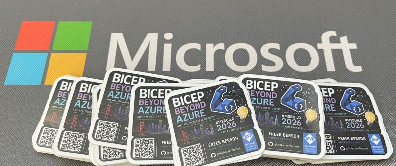 fberson's tweet photo. 'Bicep beyond Azure' stickers for my Microsoft Build 2026 session in San Francisco. Crazy? Wait until you see what I made #Bicep do as an example to control anything with an API! 💡😎. Hope to see you there!
https://t.co/m0oaGm43oq

#MVPBuzz #MSBuild @msdev https://t.co/4eUgU5qrVC