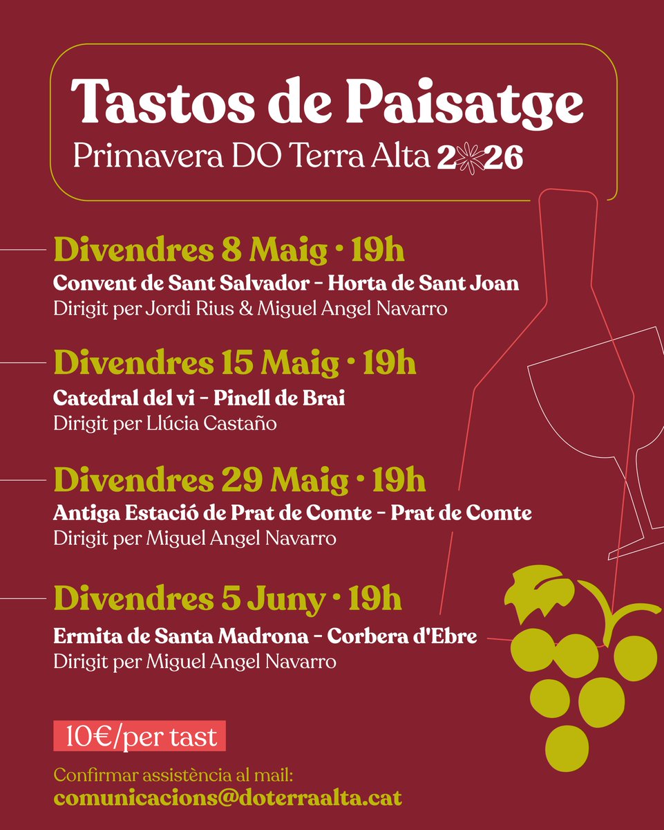 doterraalta's tweet photo. 🍷Tastos de Paisatge🍷

Deixa’t portar per una sèrie de tastos en espais emblemàtics de la Terra Alta, guiats per experts del sector.

Una experiència única on podràs tastar una selecció dels vins guanyadors del Concurs de Vins DO Terra Alta 🏆

A què esperes!! https://t.co/OvIlKv0xAJ