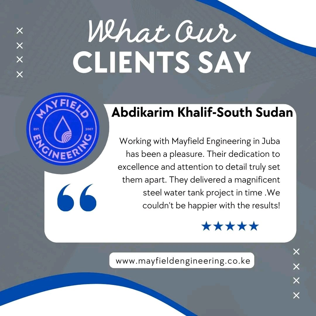 Mayfield76's tweet photo. Real feedback from satisfied clients is what keeps us going! Thank you for trusting Mayfield Engineering with your projects.
Planning on a water related infrastructure project? We’d love to hear from you. Contact us  today! 
Tel: 0758 734600
E-mail: sales@mayfieldengineers.com https://t.co/X2D24P0Jxm
