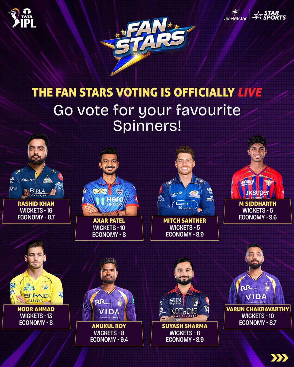 StarSportsTamil's tweet photo. spin wizards-ஐ தேர்வு செய்ய வேண்டிய நேரம் வந்தாச்சு🌀🔥
Fan Stars squad Spinners category-ல இருக்கற உங்க Favourites-க்கு Star Sports Tamil Instagram-ல vote போடுங்க✨
உங்களோட Vote உங்களோட Squad 🙌
#FANSTARS #TATAIPL https://t.co/85xxIomAlh