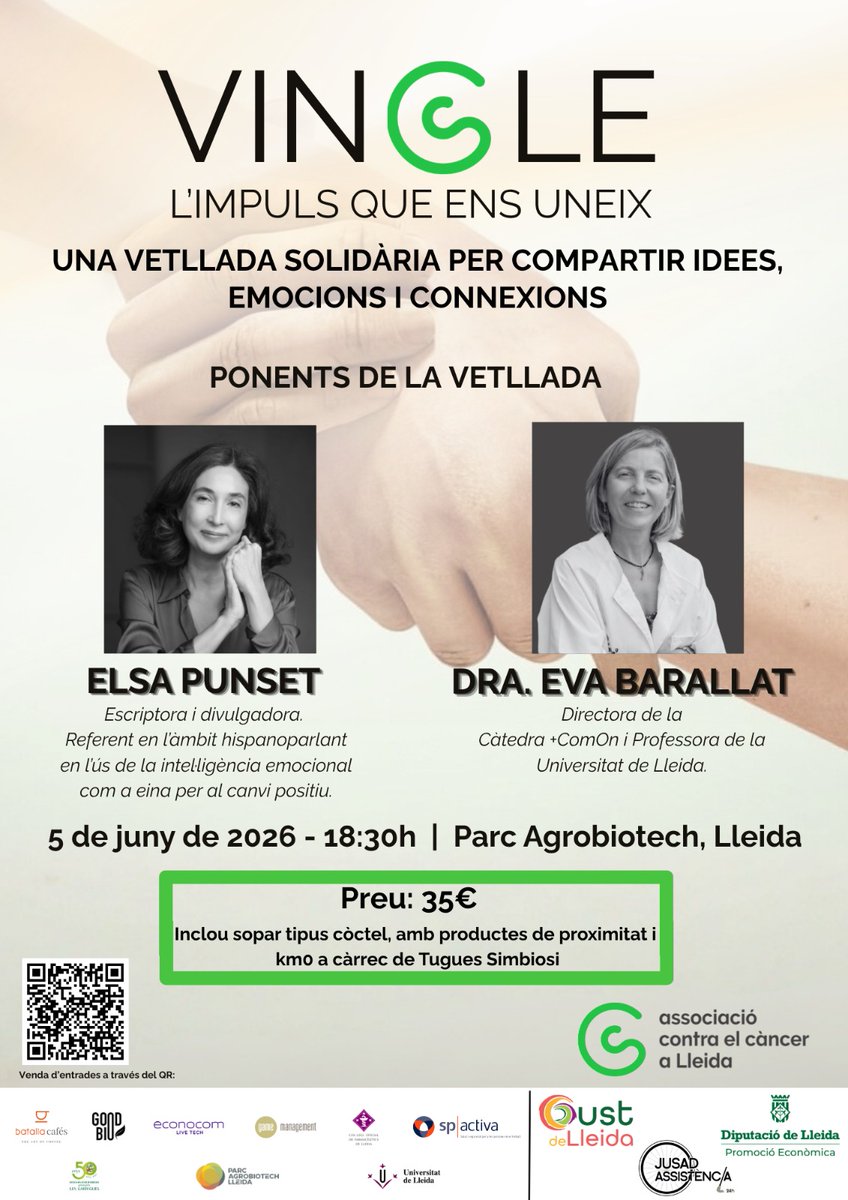 AgrupemPla's tweet photo. ✨ VINCLE: l’impuls que ens uneix 💚
Una vetllada solidària amb Elsa Punset i Eva Barallat per parlar d’intel·ligència emocional, comunicació i benestar.📍 Parc Agrobiotech Lleida
📅 5 juny | 18:30 h
🎟️ 35€Inscripcions 👉 VINCLE 2026#VINCLE #Lleida #ElsaPunset #Networking https://t.co/Vd9hlsjnsT