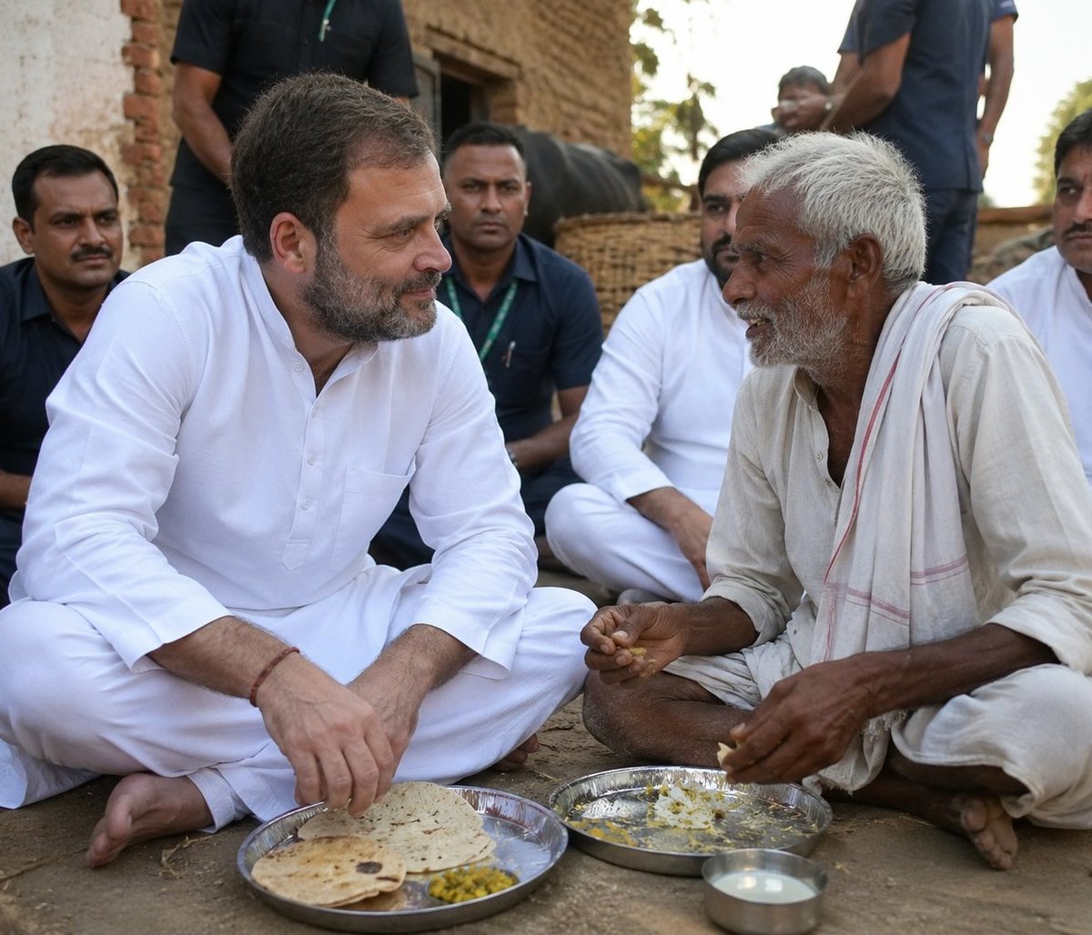 Jeetuburdak's tweet photo. एक बार Rahul Gandhi की गाड़ी अचानक एक छोटे गाँव के पास रुकी।

सुरक्षा कर्मियों को लगा शायद रास्ता बदलना है, लेकिन राहुल गाँधी सड़क किनारे बैठे एक बुज़ुर्ग किसान के पास चले गए।

बुज़ुर्ग अपने फटे हुए जूते सिल रहा था।

राहुल गाँधी कुछ देर चुपचाप उसके पास बैठ गए और पूछा “दिनभर मेहनत के बाद कितना बच जाता है?

बुज़ुर्ग हल्का सा मुस्कुराया और बोला साहब, पेट भर जाए वही बहुत है।

इतना सुनते ही राहुल गाँधी ने अपने आसपास खड़े नेताओं की तरफ देखा और कहा

देश की असली ताकत ये लोग हैं… जो तकलीफ़ में भी मुस्कुराना नहीं छोड़ते।

फिर उन्होंने उस बुज़ुर्ग के साथ वहीं जमीन पर बैठकर खाना खाया।

पास खड़े लोग वीडियो बनाने लगे, लेकिन बुज़ुर्ग की आँखों में सिर्फ एक बात थी

पहली बार कोई नेता कुर्सी छोड़कर मेरे पास बैठा है…

Pic - AI generated