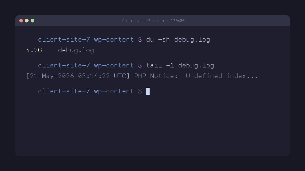wpmm_team's tweet photo. `wp-content/debug.log` keeps growing forever 
when WP_DEBUG_LOG=true. No rotation. No size limit.

Multi-GB files I've found in client setups: more than I'd like to admit.

`logrotate` it. Or symlink to /dev/null on dev.

#WordPress https://t.co/mDBZe6hbS0