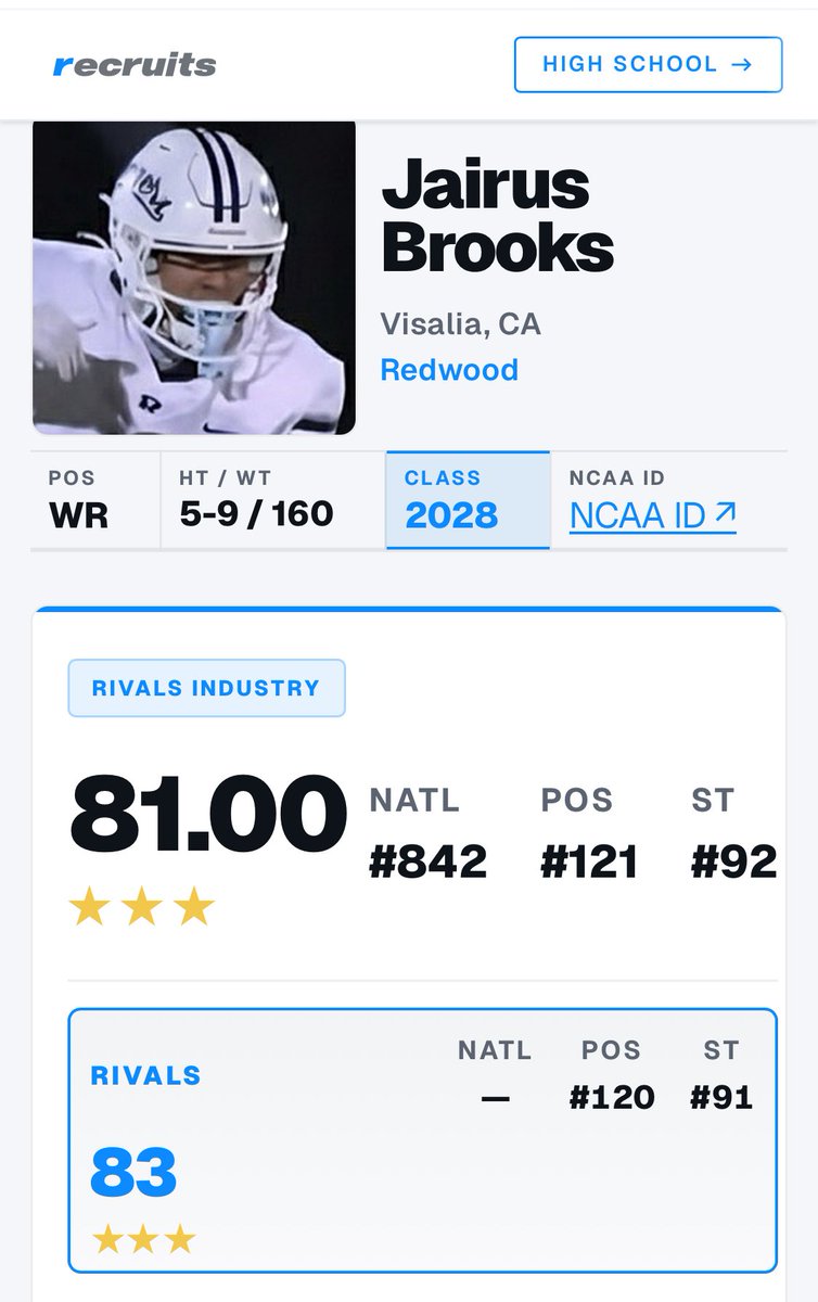 JairusBrooks's tweet photo. Blessed to be Ranked a 3 star ⭐️on Rivals 
AGTG @Rivals @CoachTroop3 @BrandonHuffman @GregBiggins @TheUCReport @redwoodrangers4 https://t.co/pJlEd3kHka