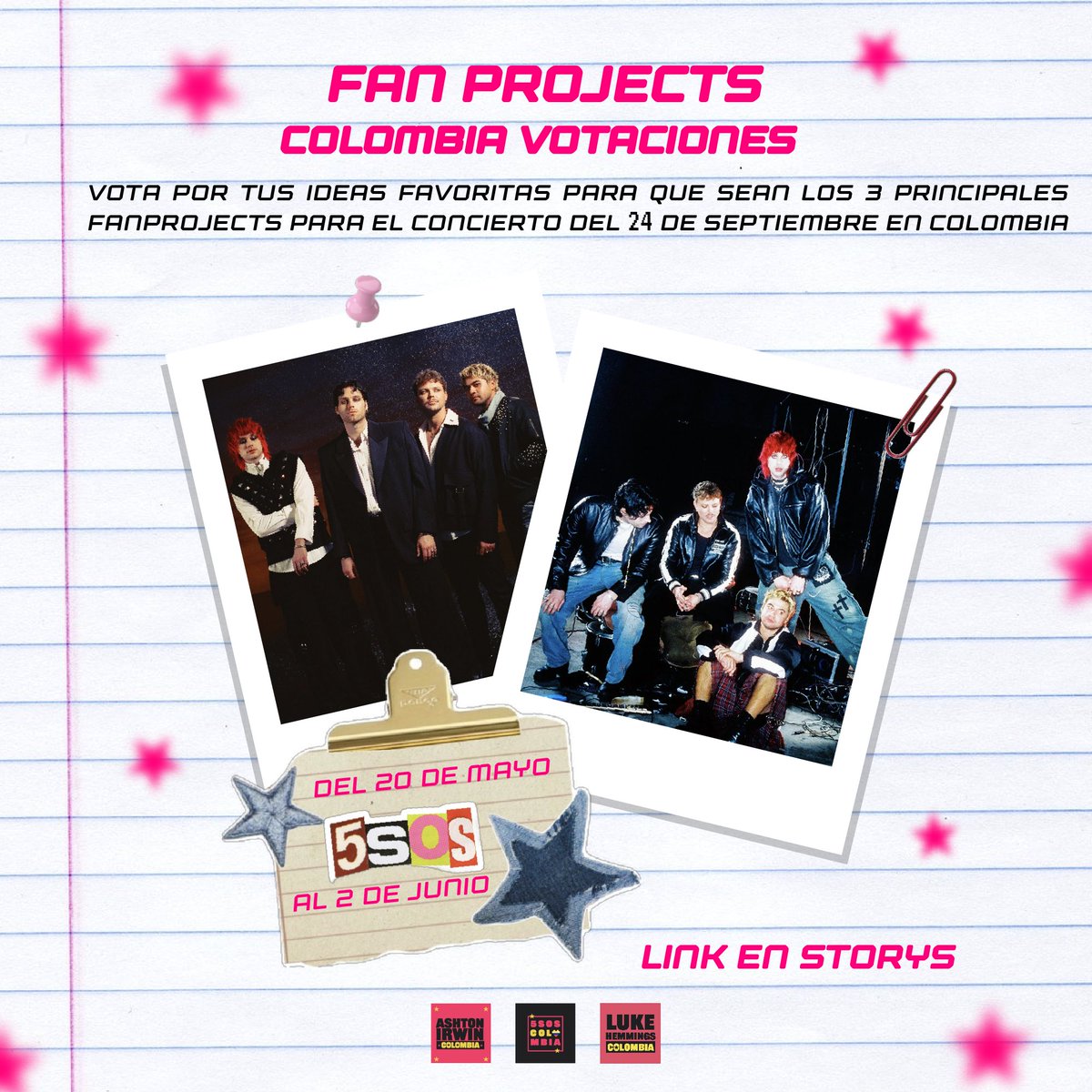 5SOSColombia's tweet photo. ✨¡LAS VOTACIONES YA ESTÁN ABIERTAS!✨
Después de recibir todas sus increíbles ideas para los fanprojects, llegó el momento de elegir sus favoritas 

🗳️ Desde hoy, 20 de mayo, y hasta el 2 de junio, podrán votar por las propuestas que más les gusten
 (1/3) https://t.co/RAT1qERhQ8 https://t.co/MVvxbrTXtz