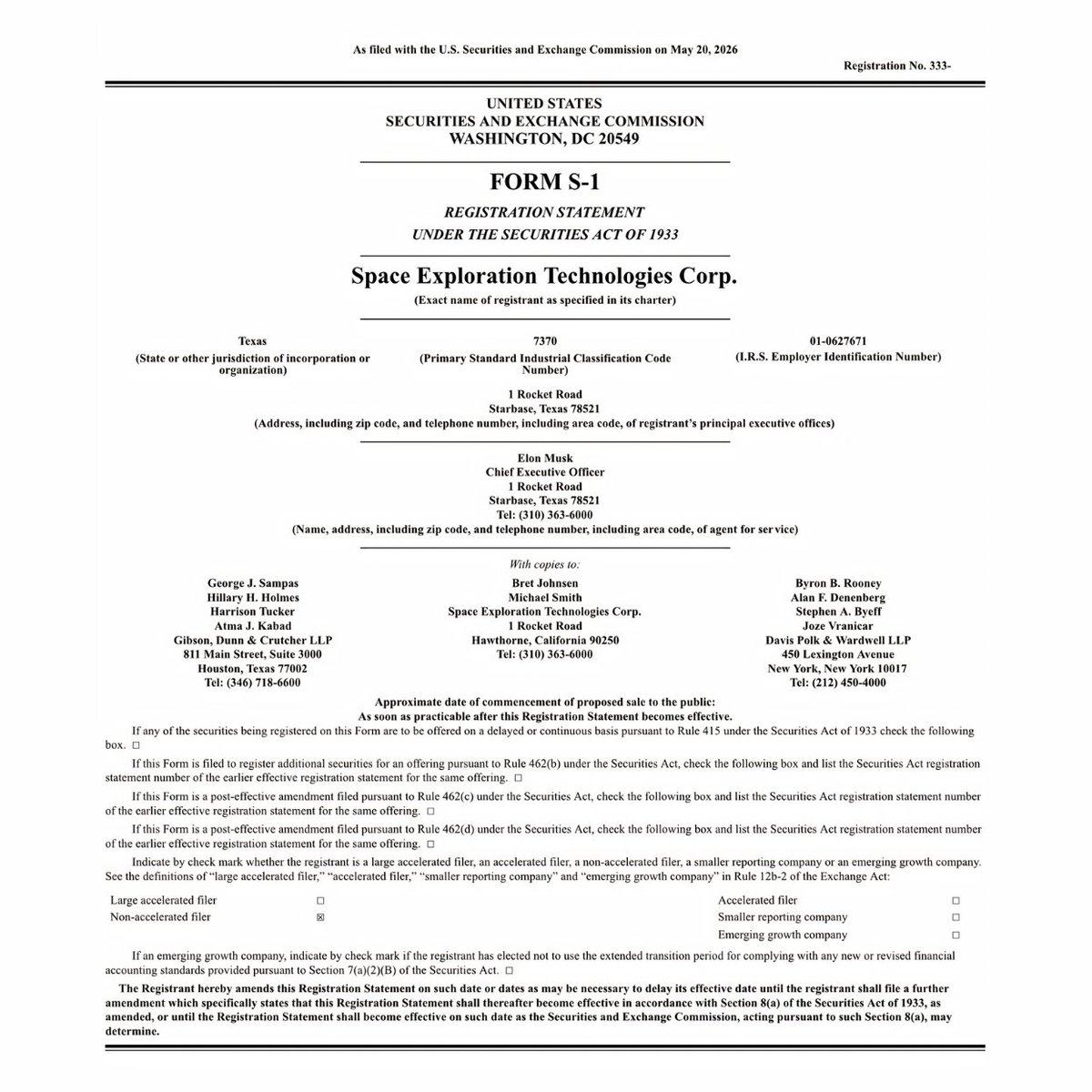 BullTheoryio's tweet photo. Breaking: SpaceX just officially filed for the largest IPO in human history 

It'll be listed under the ticker $SPCX, dual listed on Nasdaq and Nasdaq Texas.

The company is targeting a valuation of $1.75 trillion and aims to raise $75 billion, more than double Saudi Aramco's $26 billion record from 2019.

The S-1 reveals the numbers for the first time. 

In Q1 2026, SpaceX generated $4.69 billion in revenue and lost $1.94 billion from operations. In all of 2025, it generated $18.67 billion in revenue and lost $2.59 billion from operations.

Starlink is the only part of the business making money. 

It generated $3.26 billion in revenue in Q1 2026 with $1.19 billion in operating income across 10.3 million subscribers in 164 countries. 

The AI segment generated $818 million in revenue but lost $2.47 billion in the same quarter. In all of 2025, the AI segment lost $6.36 billion.

Of the $10.1 billion spent on capex in Q1 2026, $7.72 billion went to the AI division.

The S-1 also disclosed several things nobody knew before. SpaceX is building a platform called Macrohard, described as a fully AI-operated software company. 

It is building Terafab, a chip manufacturing initiative targeting one terawatt of compute hardware per year. Its flagship AI data center called Colossus is already operating in Memphis Tennessee as a gigawatt scale training cluster, with Colossus II already under construction.

SpaceX plans to launch orbital AI data centers into space by 2028, using solar power for energy and the space environment for cooling.

Elon Musk will hold majority voting control through Class B shares that carry 10 votes per share versus 1 vote for the Class A shares being sold to the public. 

He will control the outcome of every shareholder vote after the IPO regardless of how many shares the public owns.

Once listed, SpaceX joins the Nasdaq-100 after just 15 days of trading, forcing every index fund tracking the index to buy the stock.
