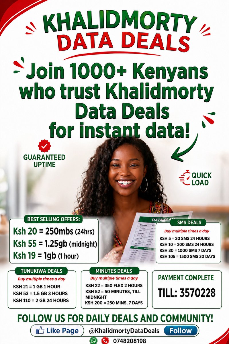 k_jabrin's tweet photo. @bevalynekwambo3 INSTANT DELIVERY WITHIN SECONDS HAPA!!CHEKI HAPA NAYO  DATA NI CHEAP NA UNAPATA INSTANTLY.🔥🔥

Data purchase is ONCE per day per number. 
Pay exact amount to  Till number: *3570228* (Khalid)

BUY DATA FOR YOUR FRIENDS/OTHERS THROUGH THIS LINK
https://t.co/xk4YOL3sYd https://t.co/XhffbKvbsV
