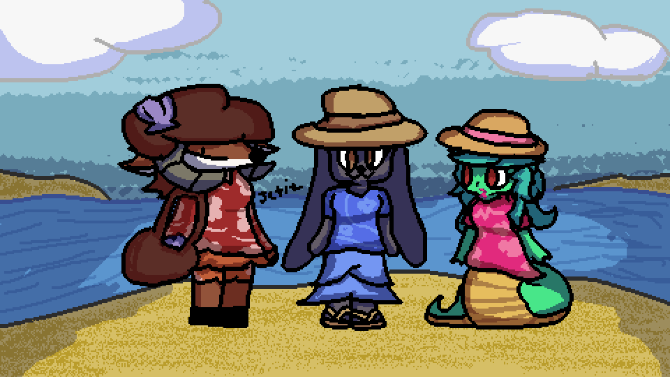 JetDeans's tweet photo. Hazel, Detective June and Meimay at the beach
===
#summer #beach #oc #originalcharacter #deer #bunny #snake #art #pixelart #digitalart https://t.co/3n9Wmk8uFx