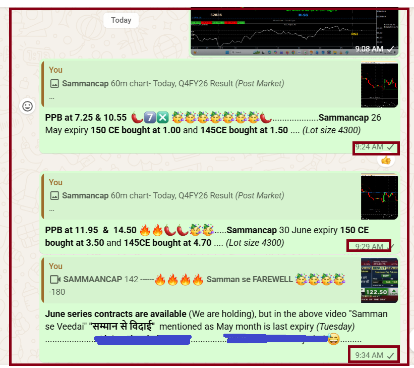 AutusInvestment's tweet photo. Super Duper Trade - Doesn't matter what is the result, when we have #SGLogic reading & #SGLEVEL support
"भाव भगवान छे और एस जी लेवल देवदूत छे”
PPB at 7.25 & 10.55 🌶️7️⃣❎ 🥳🥳🥳🥳🥳🥳🥳🌶️...................Sammancap 26 May expiry 150 CE bought at 1.00 and 145CE bought at 1.50 .... (Lot size 4300)
PPB at 11.95 & 14.50 🔥🔥🌶️🌶️🥳🥳.....Sammancap 30 June expiry 150 CE bought at 3.50 and 145CE bought at 4.70 .... (Lot size 4300)
🥳🥳🥳🥳🥳🥳🥳🥳🥳🥳🥳🥳🥳🥳
#Sammancap 60m chart-140.10 Today, Q4FY26 Result (Post Market)
Sammancap 26 May expiry 150 CE bought at 1.00 and 145CE bought at 1.50 .... (Lot size 4300)
Sammancap 30 June expiry 150 CE bought at 3.50 and 145CE bought at 4.70 .... (Lot size 4300)
📌📌 No Copy Paste please 📌📌
#Priceaction
#Nifty #Sensex #Niftybank #NiftyMidSelect #TradingDiscipline
#SGLogic #SGLEVEL #AutusInvestment #INTRADAY #Banknifty #Markets #OptionsTrading #Giftnifty #Research #investments
@SGLEVELS @AutusInvest #Niftyfinservice
