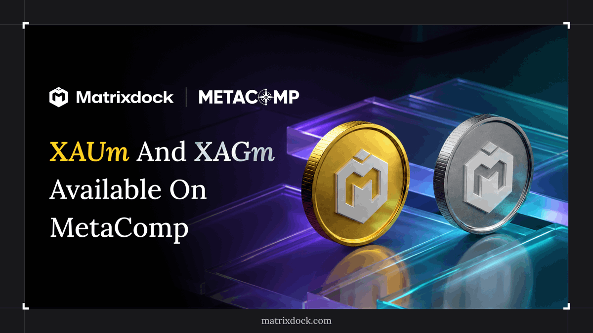 matrixdock's tweet photo. New Listing: Matrixdock Gold $XAUm and Matrixdock Silver $XAGm are now available through @MetaCompHQ.

Institutional access to tokenized precious metals is expanding.

$XAUm and $XAGm are now accessible through @MetaCompHQ for:
• 24/7 OTC trading
• USD/USDT/USDC collateralized lending

Backed by LBMA-accredited gold and LBMA Good Delivery silver. Redeemable for physical bullion in Singapore and Hong Kong.

Physical integrity. Digital utility. Building the reserve layer for on-chain finance.