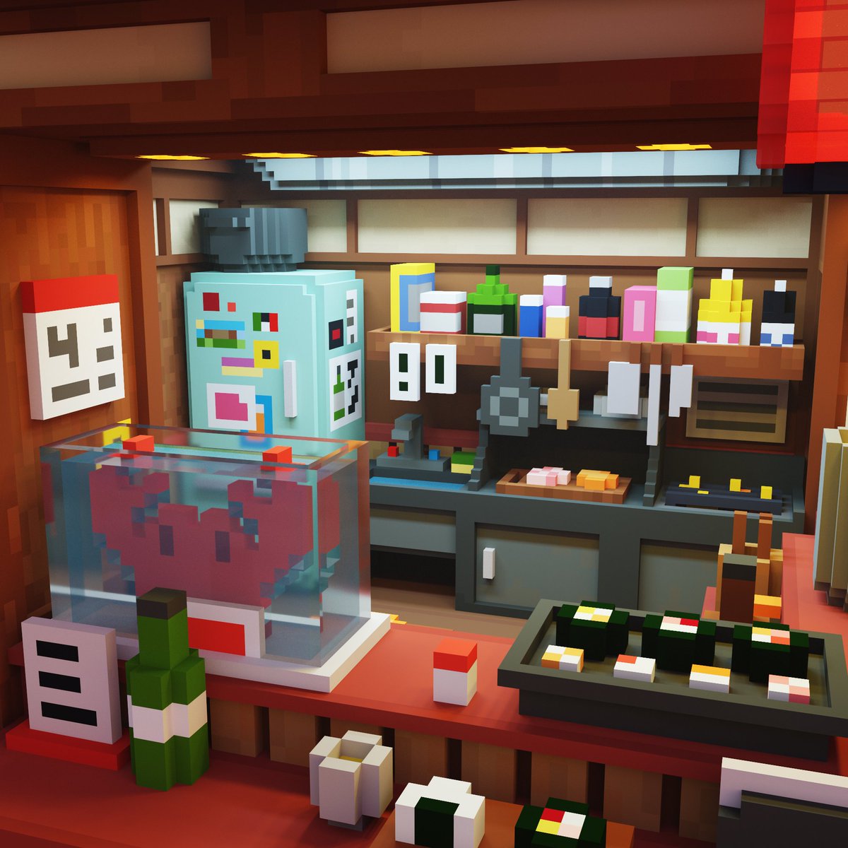 AtzulJF's tweet photo. Sushi's food stand! A little diorama i made based on a concept from my game Kitty Resort. 🐱🍣

#3dart #voxelart #magicavoxel https://t.co/Qymie1u2p5