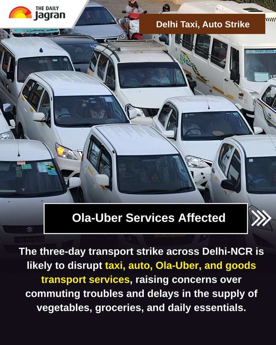 TheDailyJagran's tweet photo. #SwipeToRead | Delhi Taxi, Auto Strike: Taxi and auto unions in Delhi-NCR have launched a three-day strike starting May 21, protesting unrevised fares and financial burdens. This action is set to disrupt public transport and essential supply chains across the region.

#DelhiTaxi #AutoStrike #Unions #Transport #SupplyChains #Fares #Delhi #Residents #Public

[Delhi Taxi, Auto Strike, Transport, Residents, Fares, Protest, Strike, Metro Services, Delhi, Carpool, The Daily Jagran]