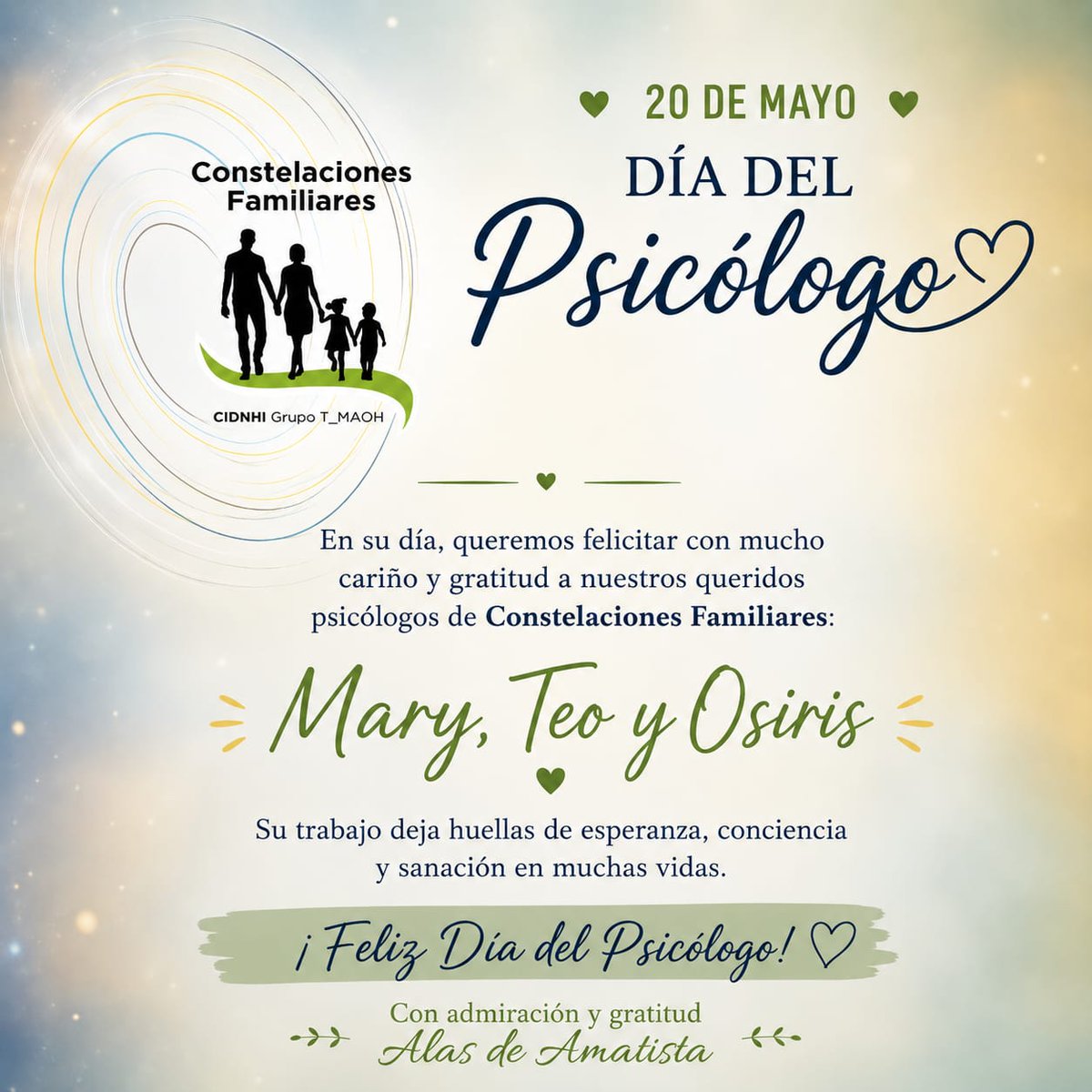 cidnhi's tweet photo. Muchas gracias a Alas de Amatista por la imagen y las palabras que nos hicieron llegar por el Día del Psicólogo.
Se siente lindo saber que valoran esta profesión y el trabajo que hacemos con el corazón.
¡Gracias por acompañarnos en este camino!
 #constelacionesfamiliares https://t.co/p01G2AtPBf