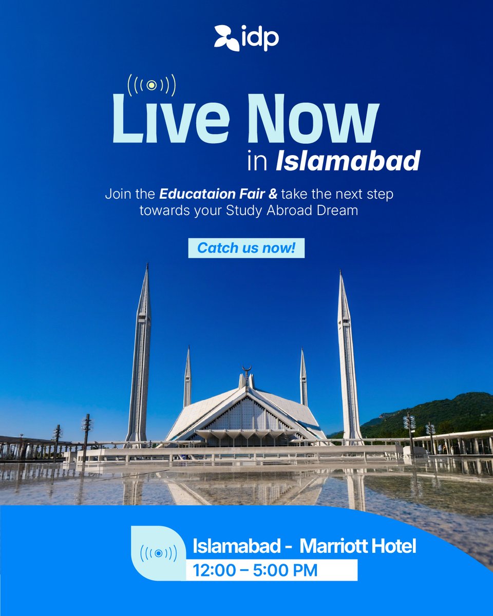 IdpPakistan's tweet photo. Islamabad, your global future starts today!

The IDP Study Abroad Education Fair is now LIVE. Meet top universities, discover international opportunities, and get personalised guidance — all under one roof

#IDPEducation #StudyAbroad #Islamabad #StudyAbroadPakistan #EducationFair https://t.co/ox5Y7RskMm