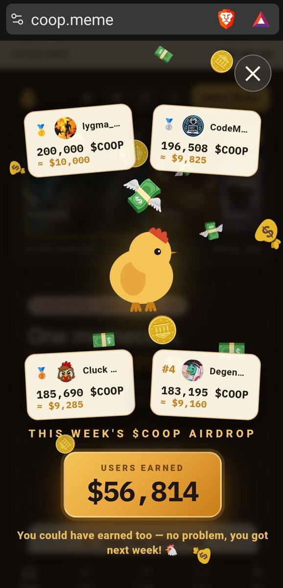 CoOpDotMeme's tweet photo. Coop Meme Mega Giveaway!

5000 USD Allocation of $COOP Tokens - First Come First Serve for first 10 users that meet the criteria below!

1000 USD Allocation of $COOP Tokens - Next 90 users that meet the criteria below!

- Must have account created on https://t.co/EAXWTLRNxL with a profile name added.
- Must have twitter verified (blue checkmark and also add your twitter account to your profile through cluck quests page on coop meme)
- Must be following @CoOpDotMeme  and @WenMarsYo  X accounts
- Must message in the https://t.co/EAXWTLRNxL website chat (not the henhouse chat) with a message that includes "Coop allocation" in the message + anything else like "Hi".