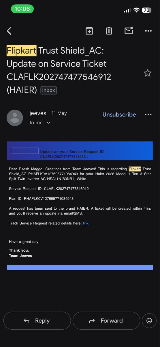 ritesh_maggo's tweet photo. Pathetic experience with @Flipkart &amp; @IndiaHaier. AC installation was terrible &amp; mentally harassing. Now AC is leaking despite being UNDER WARRANTY, nobody is repairing it. Complaining since 11/05, but issue is being extended repeatedly with no resolution
@flipkartsupport #Jeeves https://t.co/eStAbuaCH7