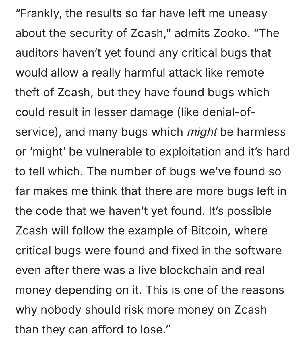 zooko's tweet photo. Wow, I’d forgotten that I said all that about Zcash, 10 years ago, before we launched the Zcash blockchain. Good historical document. Heartfelt. https://t.co/vQCkeJTFvl Thx @giulioprisco HT @bkbollinger https://t.co/0hxaPattyg