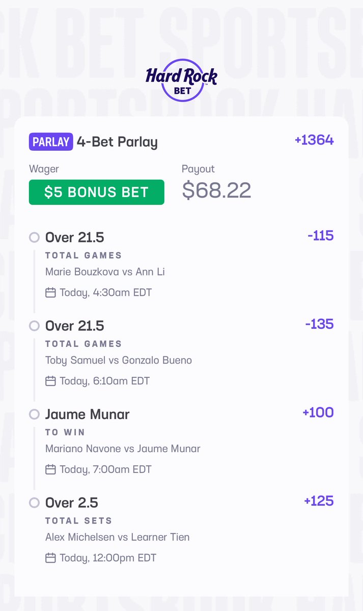 NiceeePicks's tweet photo. 4-Man @HardRockBet confidence 8/10

Weakest leg: Over 2.5 sets Michelsen/Tien https://t.co/zAfBwhSjMi