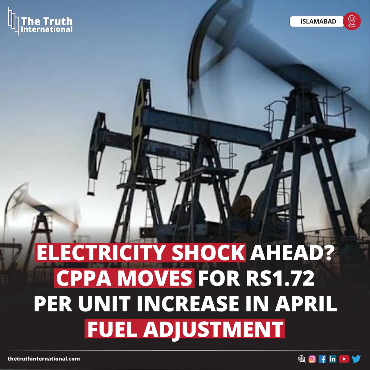ttimagazine's tweet photo. Electricity Shock Ahead? CPPA Moves for Rs1.72 Per Unit Increase in April Fuel Adjustment

READ MORE: https://t.co/F6LtgRhu9O

#Electricity #Shock #CPPA #Moves #Increase #April #FuelAdjustment #Islamabad #TTI https://t.co/Ay9ThxyeBM