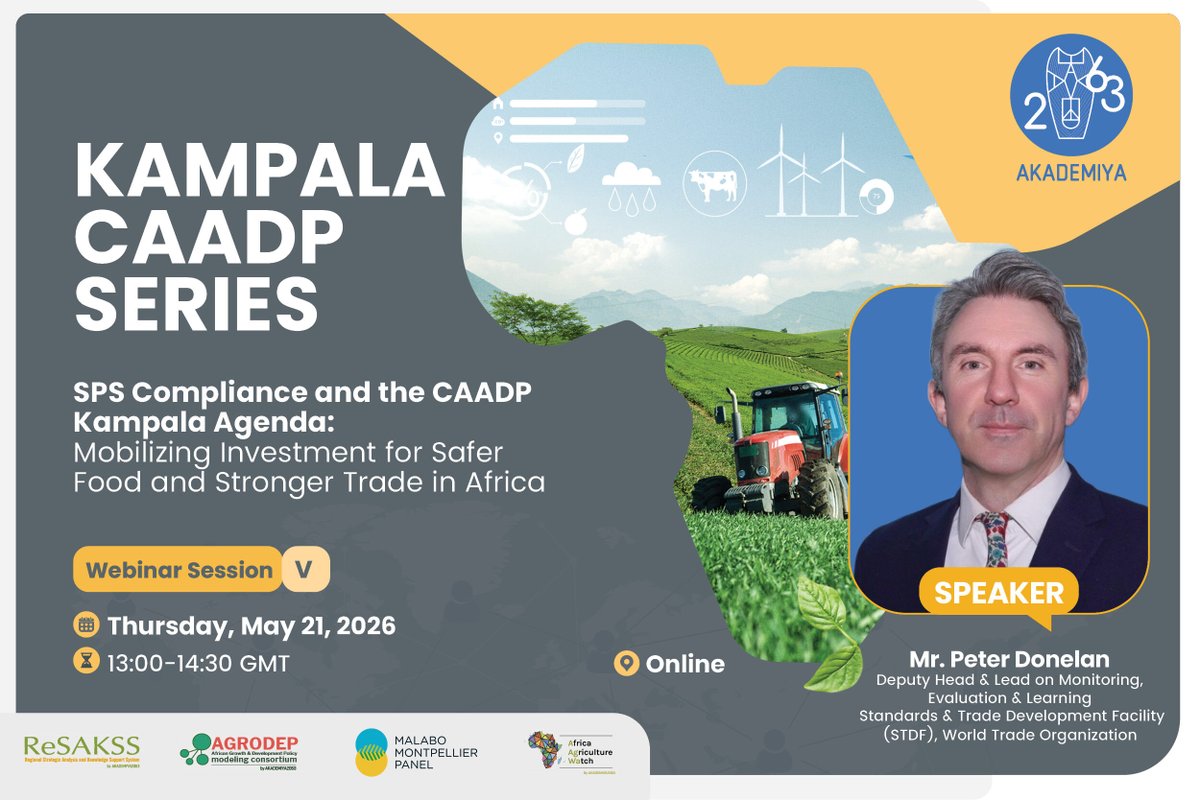 AKADEMIYA2063's tweet photo. Happening today at 13:00 GMT!

Session V of the Kampala CAADP Webinar will feature a high-level panel discussion on integrating Sanitary and Phytosanitary (SPS) considerations into the CAADP Kampala Agenda.

Speakers include:

Dr. Diana Akullo Ogwal, Principal Officer, SPS, @AfCFTA Secretariat
Dr. John Ulimwengu, Senior Research Fellow, @IFPRI 
Mr. Peter Donelan, Deputy Head & Lead on MEL, STDF, @wto 

Join the conversation: https://t.co/D50IhQblka