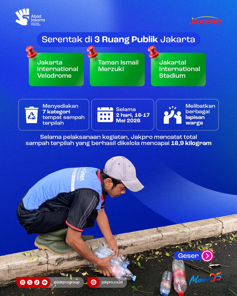 jakprogroup's tweet photo. Jakpro melalui #Jakgreen menggelar gerakan pilah sampah di ruang publik Jakarta, mendukung Gerakan Pilah Sampah Pemprov DKI. Tersedia 7 kategori tempat sampah untuk pengelolaan yang bertanggung jawab. ♻️ #Jakarta #SampahBersih https://t.co/WGURN0RT94