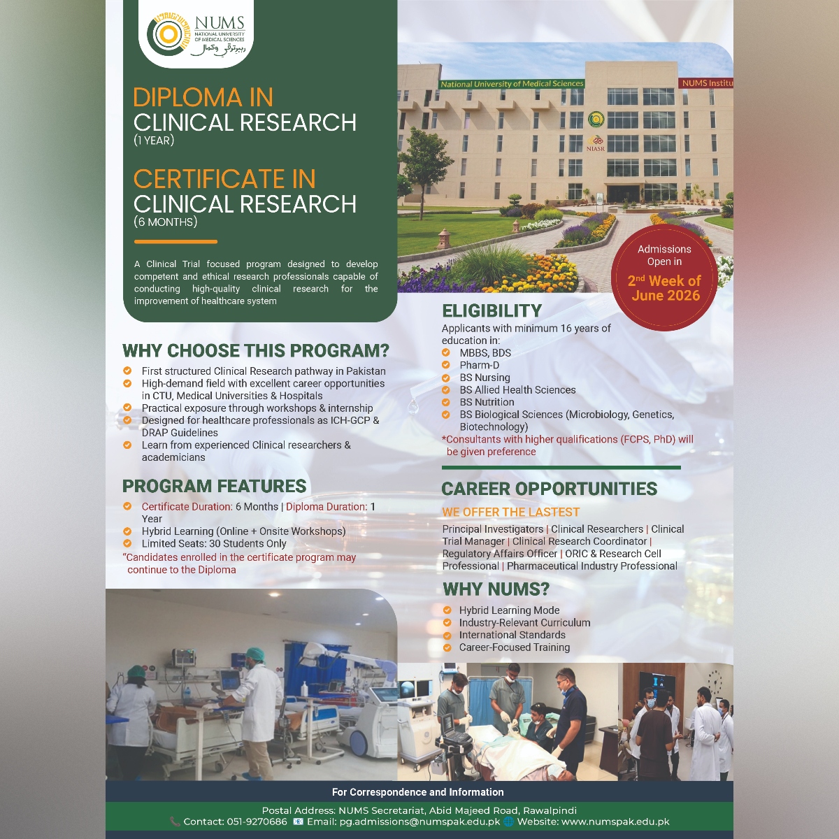 NumsOfficial's tweet photo. Admissions open 2nd week June 2026 at National University of Medical Sciences:

Diploma (1 Year) &amp; Certificate (6 Months) in Clinical Research.

ICH-GCP training, workshops &amp; internships. Careers in Clinical Trials, Reg Affairs &amp; Pharma.

Limited seats.
#ClinicalResearch #NUMS https://t.co/woo7y2sJ5D