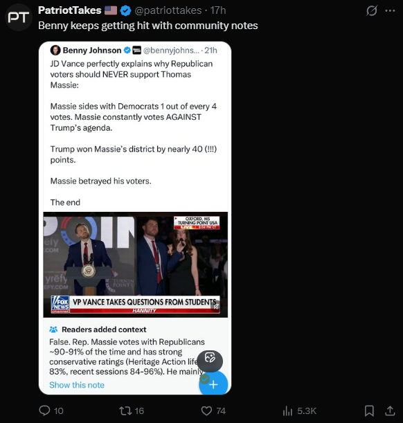 TexasCLC's tweet photo. I dont think I have ever seen a more dumb individual on this site as I have with @patriottakes Thomas Massie’s Voting Record with Democrats according to Copilot Thomas Massie has a long history of voting with Democrats on a wide range of issues. Massie votes with Democrats on certain issues about 25.6% of the time. @bennyjohnson please correct this math illiterate F%$#