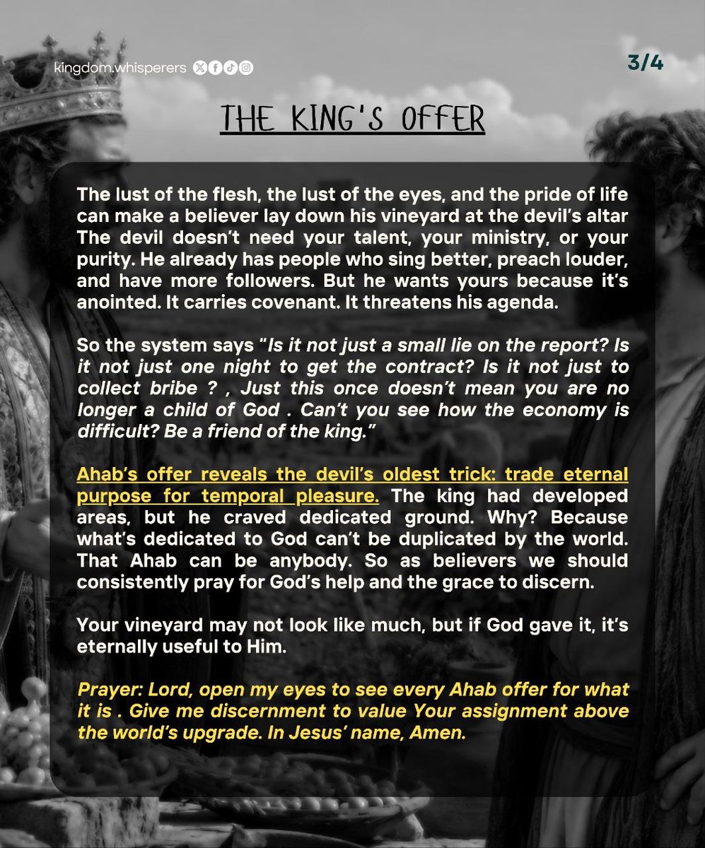 kwhisperers's tweet photo. TOPIC: NABOTH’S VINEYARD
Part 2  - The King’s Offer
“One day Ahab said to Naboth, “Since your vineyard is so convenient to my palace, I would like to buy it to use as a vegetable garden. I will give you a better vineyard in exchange, or if you prefer, I will pay you for it.” https://t.co/V0EgadZDcj