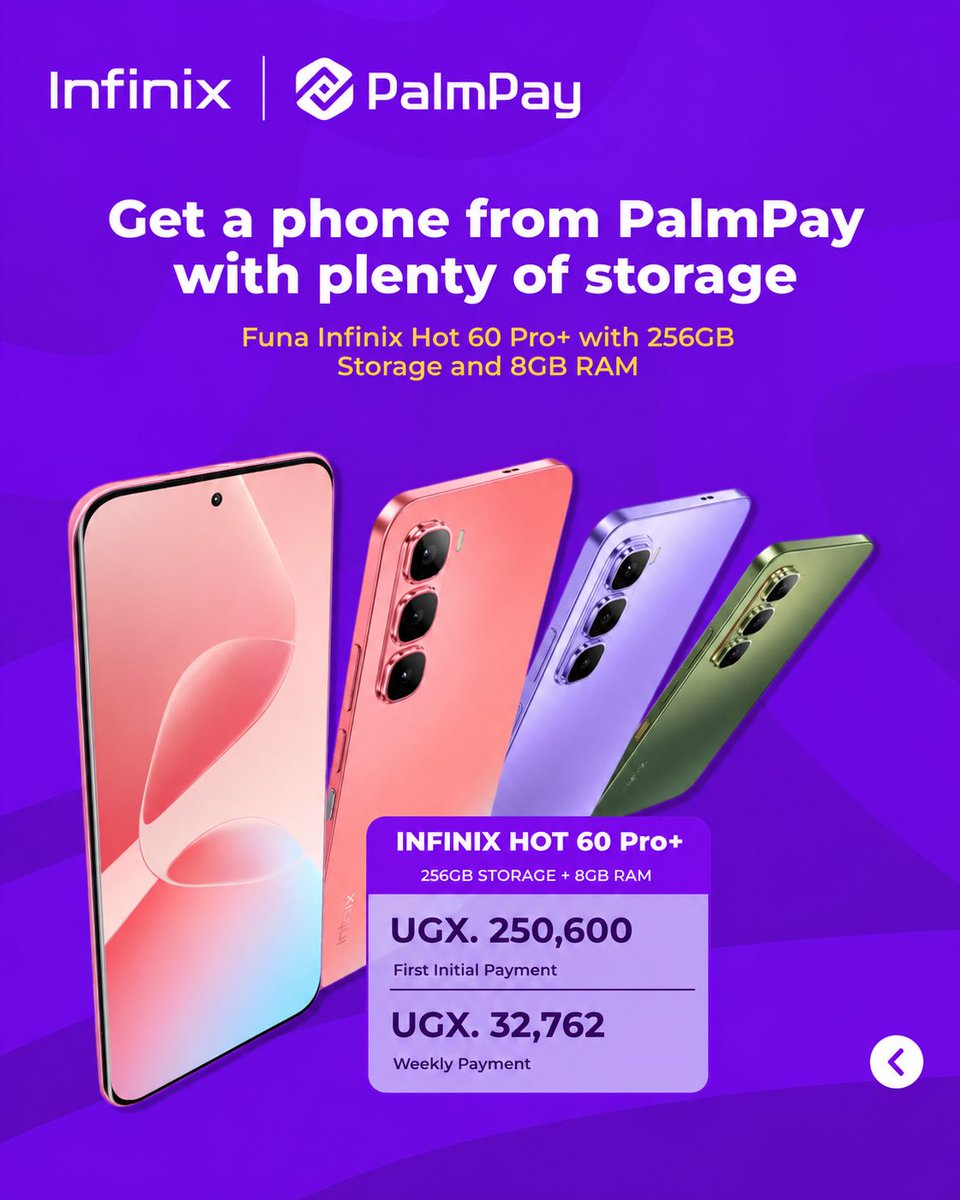 infinixuganda's tweet photo. Get the new Infinix HOT60i on installment with @PalmpayUganda
and walk away with your device in as little as 15 minutes.
Just make a down payment of UGX 176,400 and enjoy flexible weekly payments of only UGX 23,062. For more information, call: 📞 0800 300 720 #EasyInstallments https://t.co/BLyRO6ibqd