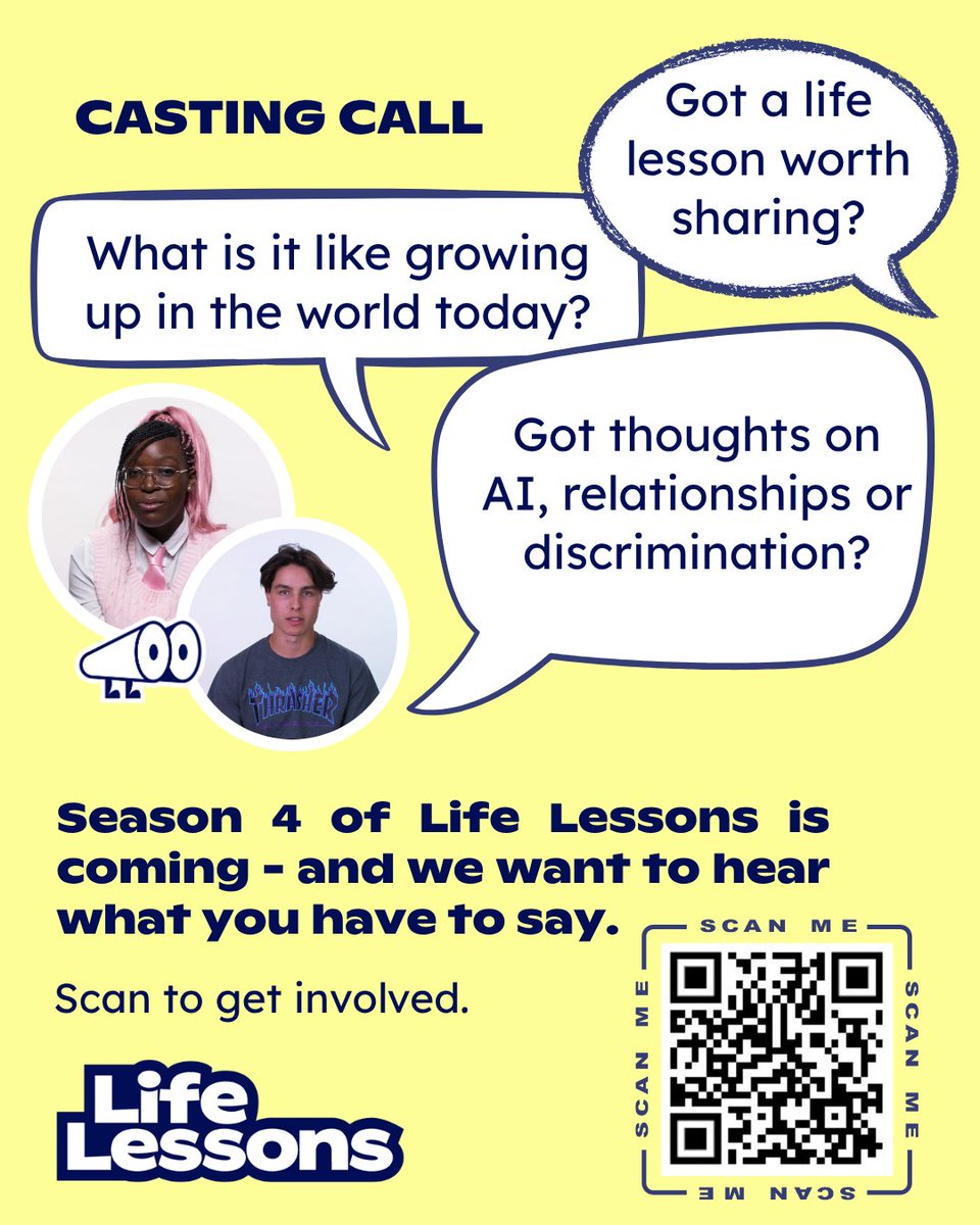 LifeLessonsRSE's tweet photo. 🎬 Got something to say about AI, relationships, discrimination, or just what it's like to be a young person right now? Life Lessons is filming this summer and we want to hear from you.

Scan the QR code or visit https://t.co/z2wKhtjdTr to get involved. https://t.co/XeKD67izwu