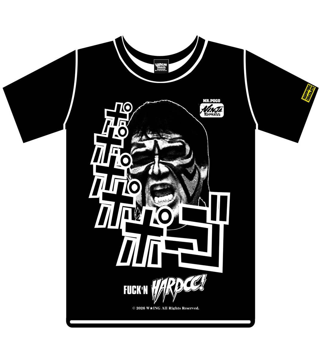 mrrosycastle's tweet photo. Ｗ★ＩＮＧ ☓ ハードコア・チョコレート  コラボＴシャツ゛第１弾゛は‥‥゛極悪大王゛ミスター・ポーゴの半袖Ｔシャツと長袖Ｔシャツ
長袖Ｔシャツは右腕にも写真入りのプリントが。６月発売
半袖Ｔシャツは５５００円，長袖Ｔシャツは７８００円 https://t.co/Hwp9J8qNtE