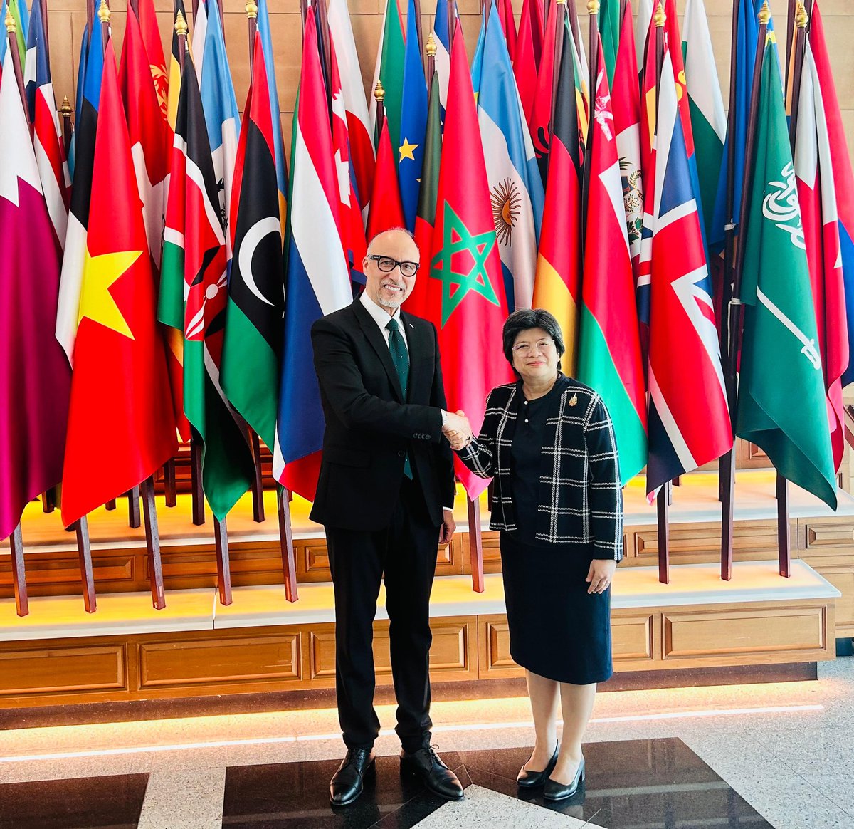 MoroccoInTHA's tweet photo. Pleased to meet today with H.E. Mrs. Urasa Mongkolnavin, DG of the Dep. of South Asian, ME &amp; Af Aff at the Thai MFA. Fruitful exchanges on strengthening Morocco-Thailand relations, upcoming bilateral political consultations, cultural cooperation, and Africa–Thailand partnership. https://t.co/gWl76vHlnj