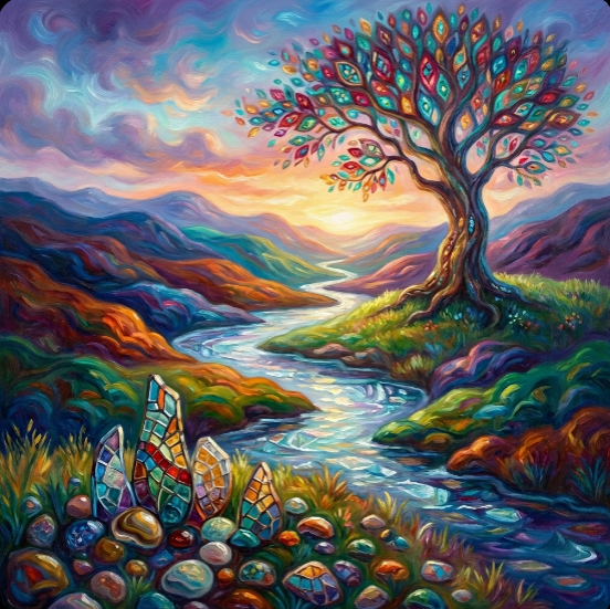 IntimaArt's tweet photo. Where nature meets ancient magic. 🌅✨ A majestic tree of gem-like mosaic leaves stands over a luminous river flowing from a golden sunset. 🌳💎

Capturing life's eternal flow. 🌀🌊. Live on @objktcom 

🔗https://t.co/Uq9l0tOtUo

#digitalart #nft #tezoscommunity #objkt #art ㅤ https://t.co/ytMBY52H7M