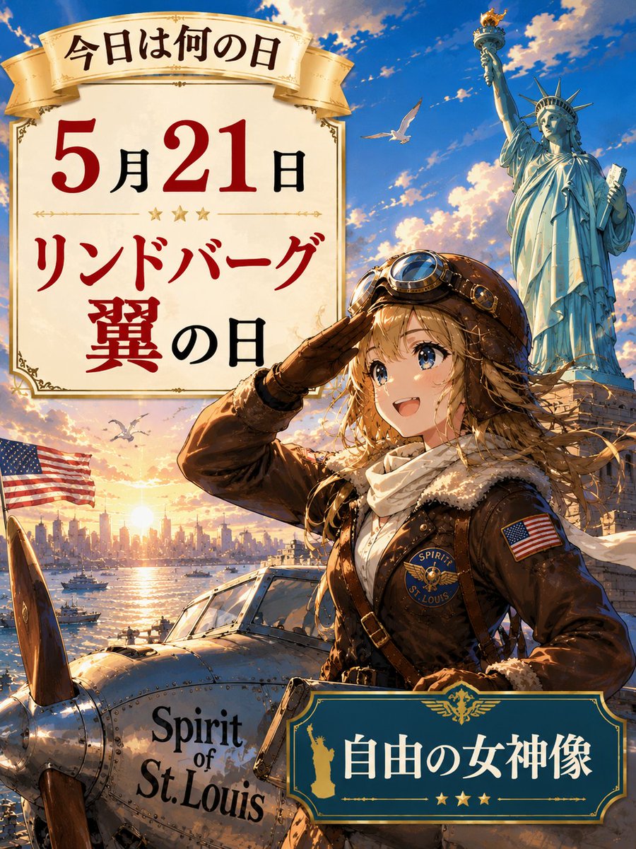 junworldheritag's tweet photo. おはようございます✈️✨
今日は何の日？

5月21日はリンドバーグ翼の日

世界遺産キャラクター図鑑
自由の女神像
― 夜明けの港から飛び立つ、自由の翼の飛行��

所属国：アメリカ合衆国
登録年：1984年
種別：文化遺産
UNESCO No.：307

夜明けの港に、挑戦の風が吹く。
自由を胸に抱いた翼は、まだ見ぬ空へ飛び立っていく。

#世界遺産 #AIart #今日は何の日