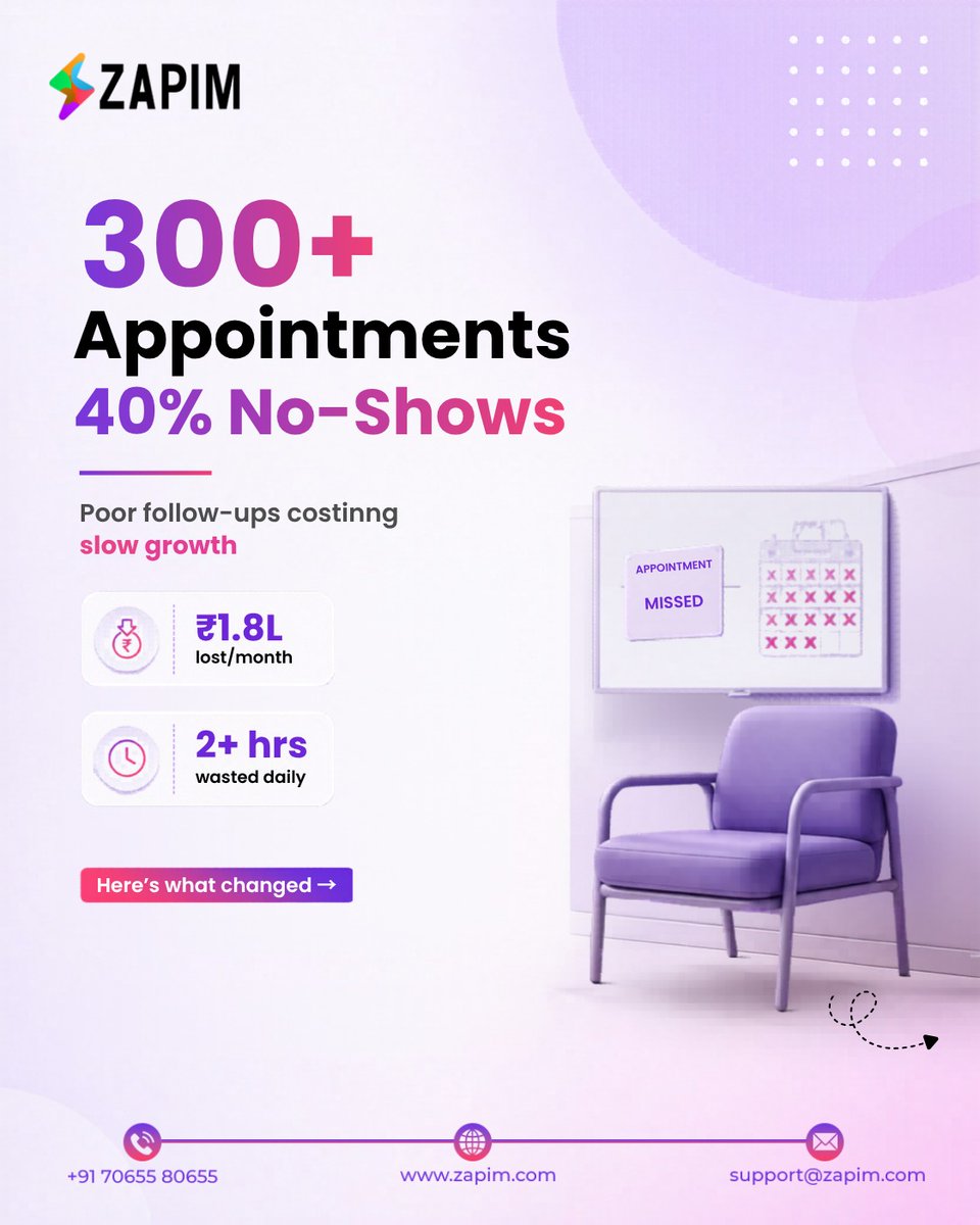 zapim_com's tweet photo. Missed appointments are costing clinics more than they realize.

📞 +91 70655 80655
🌐 https://t.co/l5nJRaRWVy
📧 support@zapim.com

#Zapim #HealthcareAutomation #PatientEngagement #ClinicManagement #MedicalMarketing #AppointmentReminders #HealthcareTechnology #DigitalHealth https://t.co/EnQDttED96