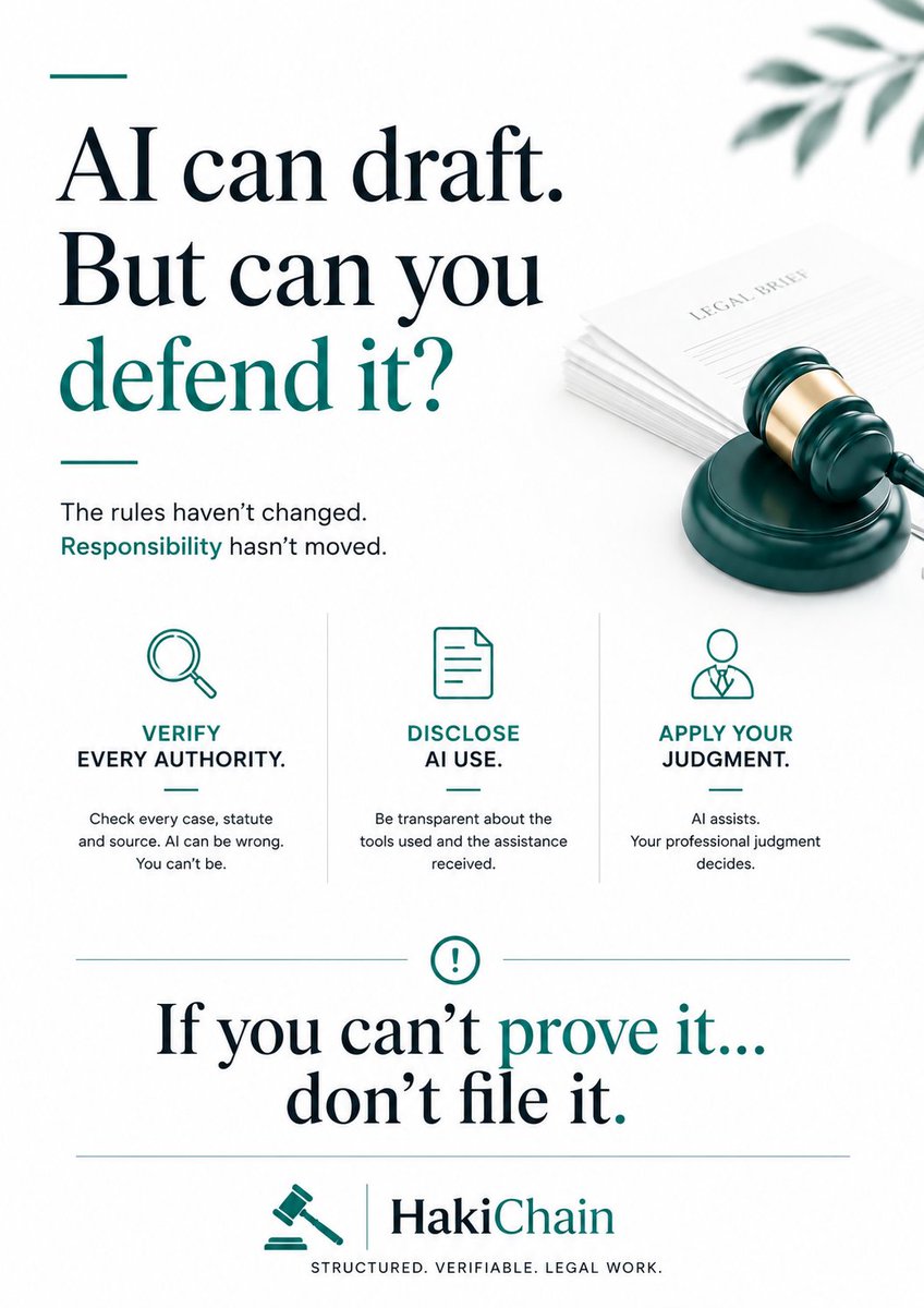 HakiChain's tweet photo. Filing AI-drafted documents or submissions?

Be ready to answer:
Where did this authority come from?
Was it verified?
How was it drafted?

No answers = risk.

HakiChain gives you a full audit trail.

Book a demo: 
https://t.co/3zeTtfDEqA https://t.co/L6sABzxKWy