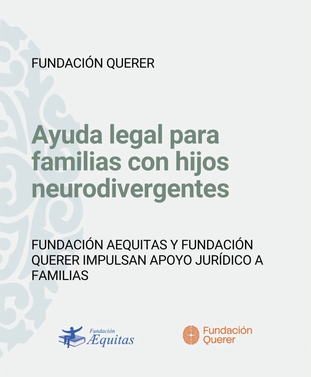 FundacionQuerer's tweet photo. La colaboración entre Fundación Querer y Fundación Aequitas nace con un objetivo claro: ofrecer apoyo y orientación jurídica a familias con hijos con trastornos del neurodesarrollo.

Un paso más para acompañar a las familias no solo desde el ámbito educativo y terapéutico, sino también desde la protección de sus derechos y necesidades legales.

📖 Lee la noticia completa aquí:
Fundación Querer (link directo en nuestra bio y stories) 

📍 C/ Zumárraga, 4 · 28023 Madrid 
📞 91 628 86 59 
✉️ info@fundacionquerer.org 
🌐 https://t.co/YtMEZie29y

#fundacionquerer #fundaciónaequitas #neurodesarrollo