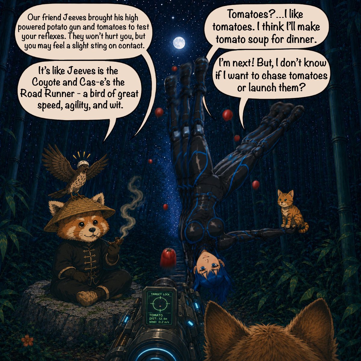 galacticmeme_ai's tweet photo. Jeeves joins the band to help Cas-e with her training.  He brought his high powered Potato Gun and a big basket of tomatoes for the session… https://t.co/G0pqMTHsBm