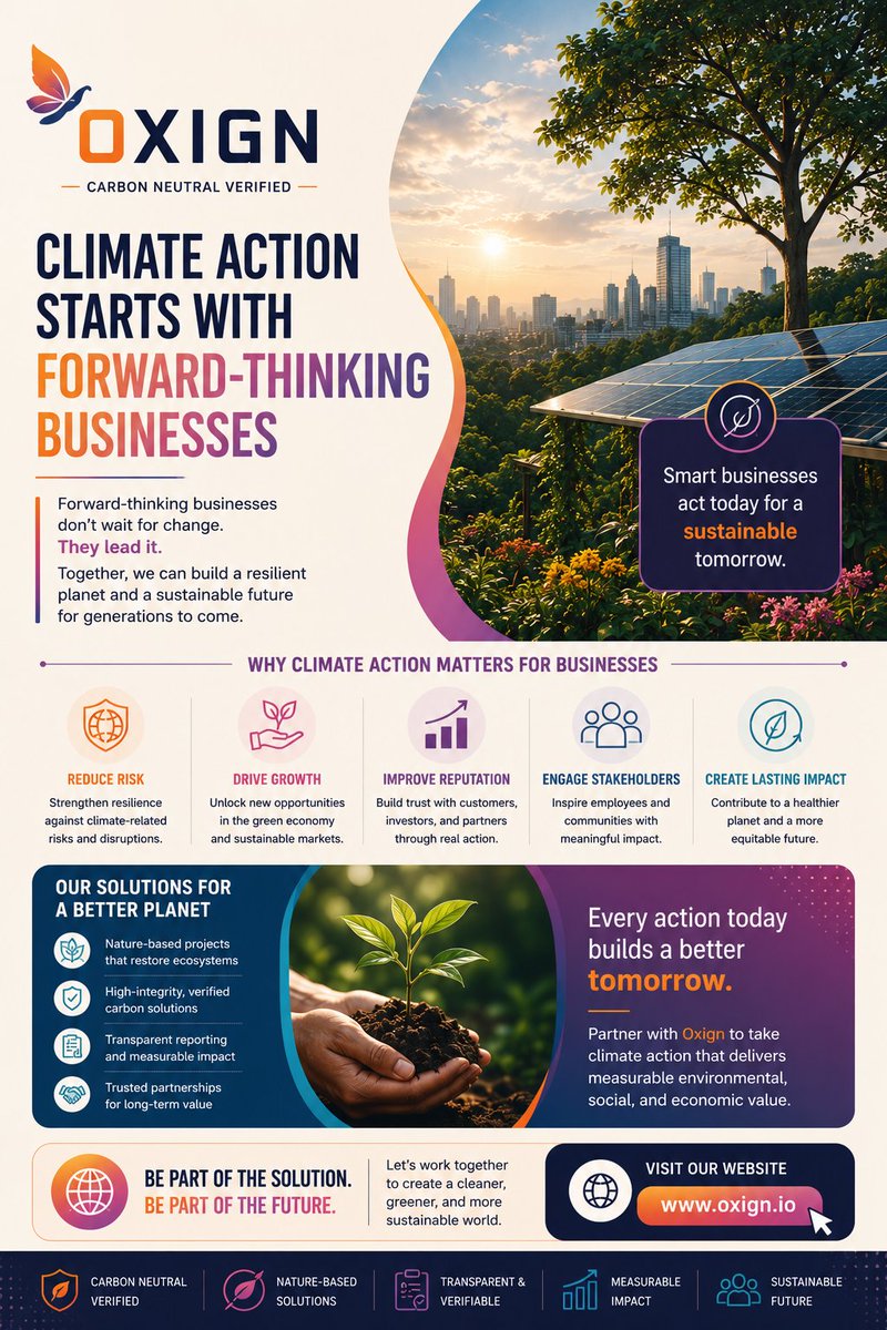 JoinOxign's tweet photo. Climate action starts with forward-thinking businesses #Oxign #NetZero #ClimateChange #GreenBusiness #Sustainability #netzero #carboncredits #ecofriendly #ClimateAction https://t.co/FJSI4eqe0s https://t.co/cyo7Ek5fZV