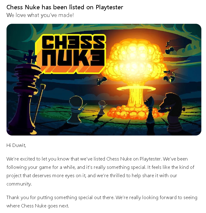 ChessNukeDuwit's tweet photo. Thank you @playtesterhq it is such an honor for you to list us as one of the game for your platform. Thank you for enjoying Chess Nuke Demo https://t.co/eRp3OSIvjs