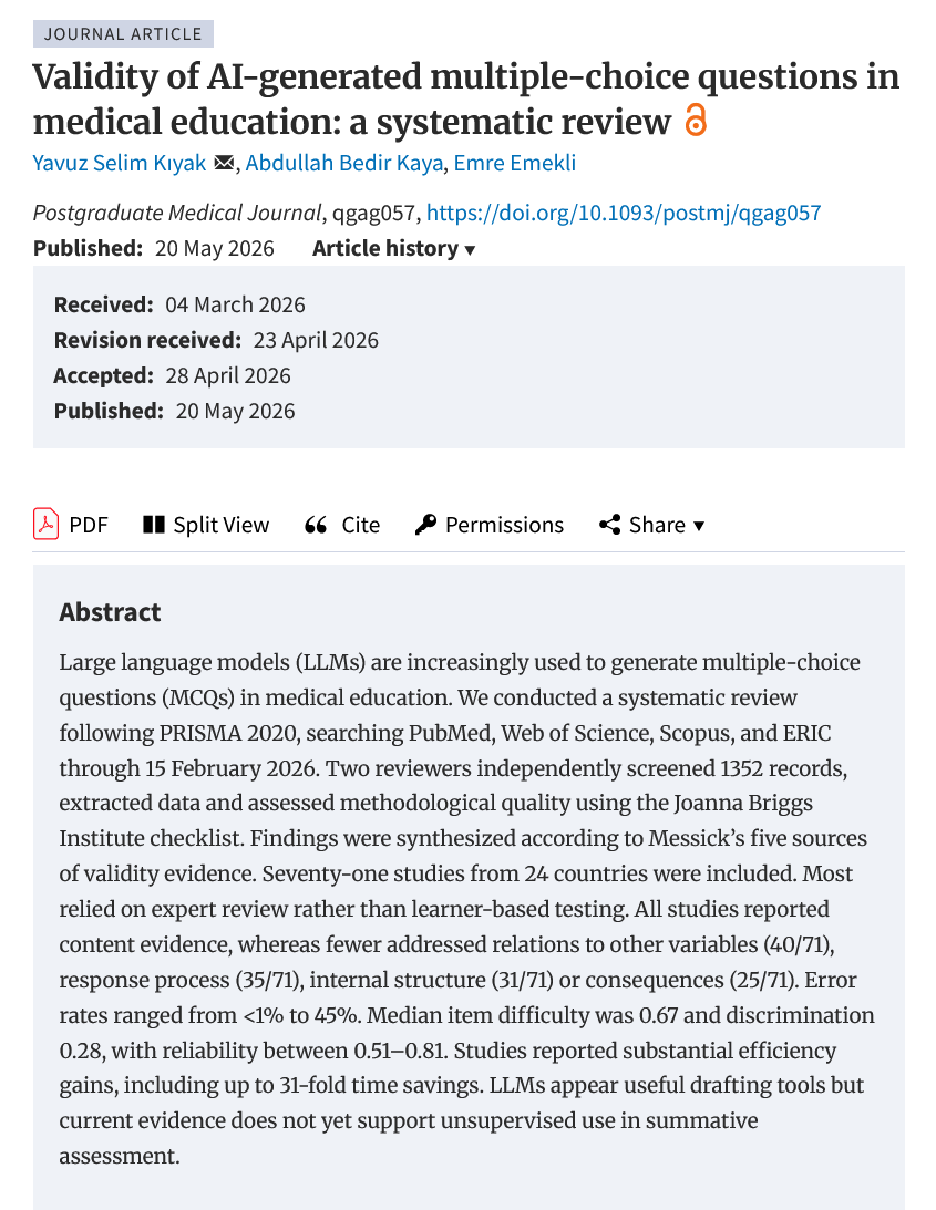 MedEdFlamingo's tweet photo. This is a paper I proud of, just published yesterday!

Validity of AI-generated MCQs, all studies to date.

Why I proud of it? 

Because we worked hard to present the best available evidence to the community, search cut-off was 15 Feb 2026, and we submitted it in the beginning of March, not after years and not after all things have changed. 

So, we intentionally made it quick but still rigorous.

I hope it helps. We did our job, now it's yours.
