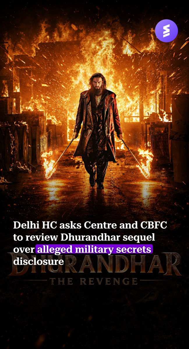 ShortlyIndia's tweet photo. Delhi HC asked the Centre and CBFC to review Dhurandhar: The Revenge after an SSB personnel alleged it exposes real intelligence operations, undercover agent methods and military tactics. 
Bollywood's biggest spy thriller — ironically — may have spied too much. 🎬🇮🇳 https://t.co/t2oLYbtyM1