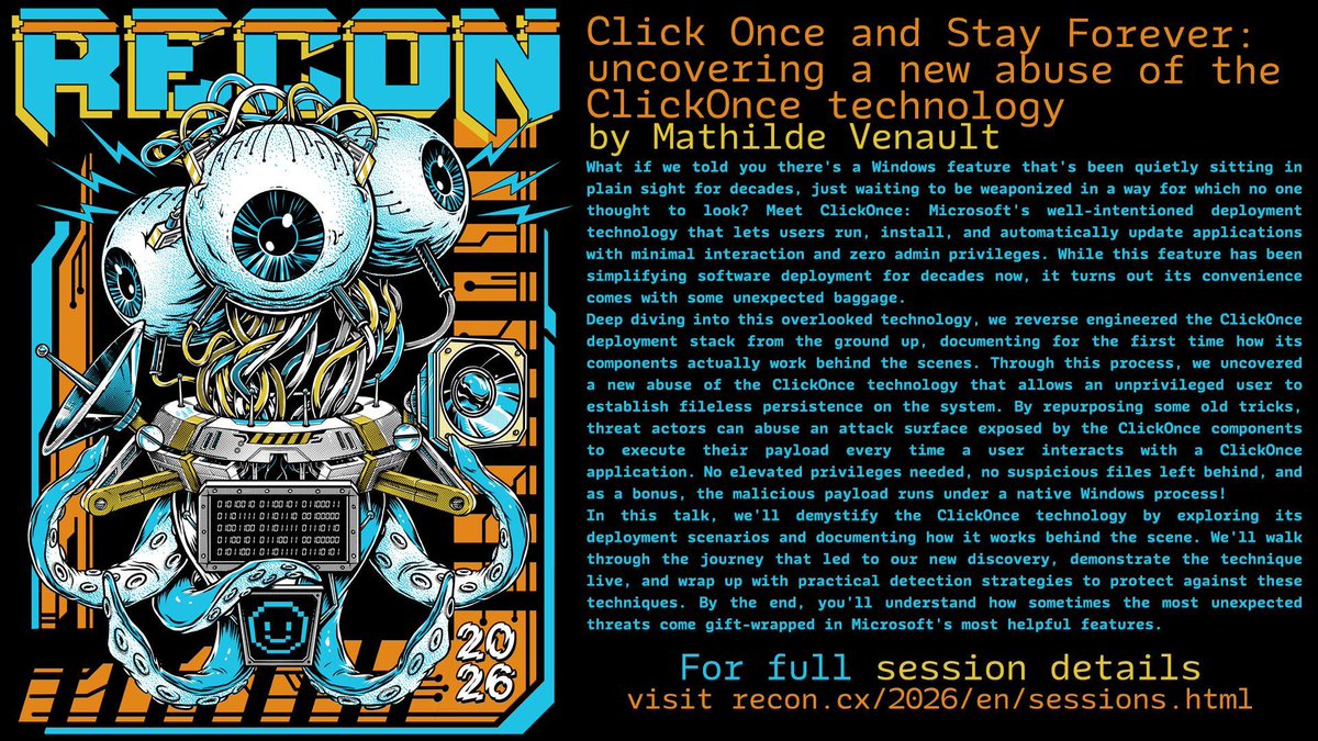 MathildeVenault's tweet photo. Excited to return to @reconmtl in less than a month!

This time, we’ll be peeling back the layers of the ClickOnce technology and exploring a few things that probably weren’t meant to be seen 👀

Détails &amp; schedule to come: https://t.co/jOgIQYMD5s https://t.co/PTTFWIndaT