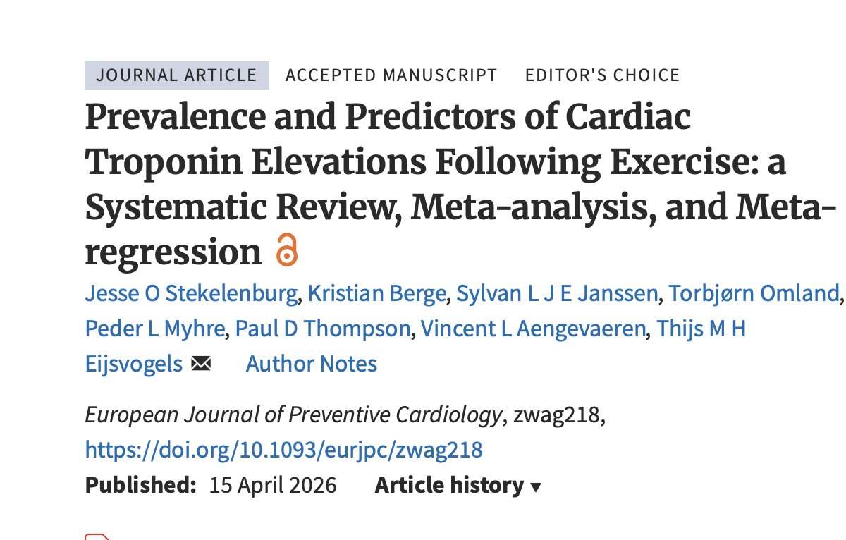 saramoscatelli7's tweet photo. 🏃‍♂️ Elevated troponin after exercise… should we worry?
💥 Cardiac troponin = gold standard for myocardial injury.
👉 But what happens after intense exercise?

📊 A large meta-analysis (129 studies, >7,000 athletes) shows:
➡️ 36% of athletes have troponin levels above the normal limit after exercise 
⚠️ That’s more than 1 in 3.

🔬 Key determinants (see Graphical Abstract, page 3):
✔️ High-sensitivity assays → detect more elevations
✔️ cTnT > cTnI
✔️ Peak in endurance sports (running, cycling, triathlon)
✔️ Highest after 3–6 hours of exercise 
📈 The curve on Figure 4 (page 29) shows a clear peak around 4–5 hours of effort.

👀 What DOESN’T matter (as much as we thought):
❌ Sex
❌ Training status
👉 It’s not about who you are…
👉 It’s about what and how long you do.

🧠 Clinical dilemma:
Troponin ↑ = myocardial injury
BUT
Exercise alone can cause it
👉 So… how do we interpret it in the ER after a marathon?

💡 Take-home message:
🩺 Context is everything
👉 Consider exercise type, duration, and assay used
👉 Not every troponin rise = pathology

🚀 This is a perfect example of why biomarkers need clinical interpretation, not just thresholds.

#Cardiology #SportsCardiology #Troponin #Biomarkers #Endurance #ExercisePhysiology #CardioImaging #PrecisionMedicine #Athletes #Research 🏃‍♂️🧬
