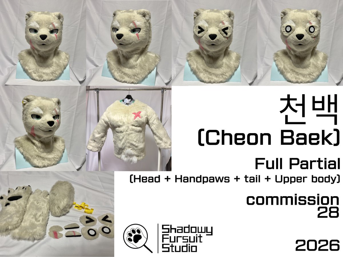 SFS_maker's tweet photo. Commission 28 : 천백(Cheon Baek)
Full Partial
(head + handpaws + tail + upper body)
2026
#fursuitmaker #SFS https://t.co/c4RkEqMEzY
