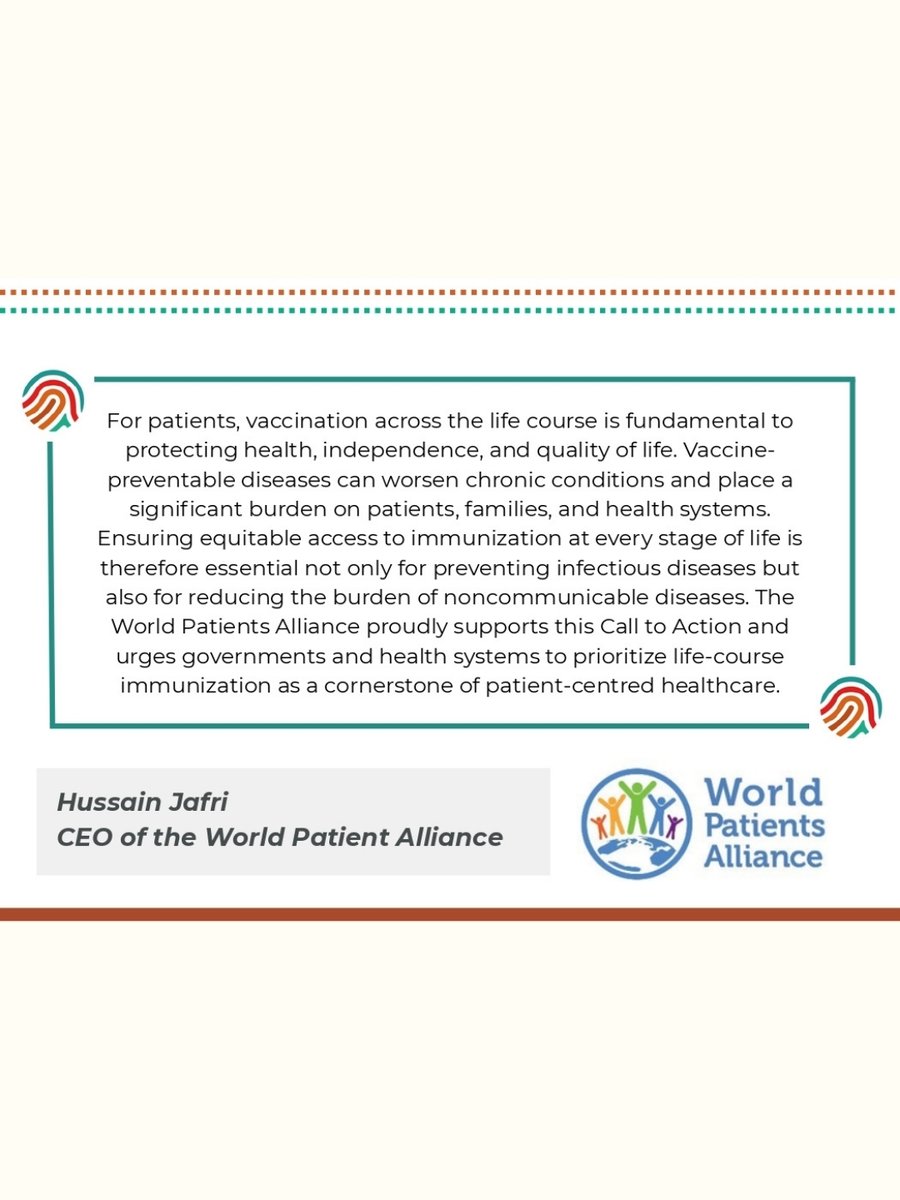WorldPatients's tweet photo. 𝐖𝐨𝐫𝐥𝐝 𝐏𝐚𝐭𝐢𝐞𝐧𝐭𝐬 𝐀𝐥𝐥𝐢𝐚𝐧𝐜𝐞 𝐬𝐮𝐩𝐩𝐨𝐫𝐭𝐬 𝐥𝐢𝐟𝐞-𝐜𝐨𝐮𝐫𝐬𝐞 𝐢𝐦𝐦𝐮𝐧𝐢𝐳𝐚𝐭𝐢𝐨𝐧 𝐚𝐬 𝐚 𝐤𝐞𝐲 𝐩𝐚𝐫𝐭 𝐨𝐟 𝐩𝐚𝐭𝐢𝐞𝐧𝐭-𝐜𝐞𝐧𝐭𝐫𝐞𝐝 𝐡𝐞𝐚𝐥𝐭𝐡𝐜𝐚𝐫𝐞.

For patients, vaccination is not only about preventing infections. It also helps protect health, independence, and quality of life across different stages of life.

Vaccine-preventable diseases can create additional risks for people living with chronic conditions and can place further pressure on families, caregivers, and health systems.

𝐖𝐏𝐀 𝐬𝐮𝐩𝐩𝐨𝐫𝐭𝐬 𝐭𝐡𝐢𝐬 𝐂𝐚𝐥𝐥 𝐭𝐨 𝐀𝐜𝐭𝐢𝐨𝐧 𝐚𝐧𝐝 𝐮𝐫𝐠𝐞𝐬 𝐠𝐨𝐯𝐞𝐫𝐧𝐦𝐞𝐧𝐭𝐬 𝐚𝐧𝐝 𝐡𝐞𝐚𝐥𝐭𝐡 𝐬𝐲𝐬𝐭𝐞𝐦𝐬 𝐭𝐨 𝐞𝐧𝐬𝐮𝐫𝐞 𝐞𝐪𝐮𝐢𝐭𝐚𝐛𝐥𝐞 𝐚𝐜𝐜𝐞𝐬𝐬 𝐭𝐨 𝐢𝐦𝐦𝐮𝐧𝐢𝐳𝐚𝐭𝐢𝐨𝐧 𝐭𝐡𝐫𝐨𝐮𝐠𝐡𝐨𝐮𝐭 𝐭𝐡𝐞 𝐥𝐢𝐟𝐞 𝐜𝐨𝐮𝐫𝐬𝐞.

Life-course immunization must remain a shared priority for stronger, fairer, and more patient-centred health systems.

#WorldPatientsAlliance #Immunization #LifeCourseImmunization #PatientCentredCare #HealthEquity #PublicHealth #VaccinesWork #NCDs

@WFPHA_FMASP 
@WHO 
@EUCouncil 
@AndrewRSpiegel 
@BBorisch