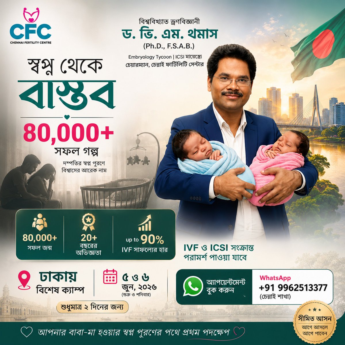 CFC_IVF's tweet photo. তিনি ২০২৬ সালের ৫ই ও ৬ই জুন ঢাকায় অবস্থান করবেন।
IVF এবং ICSI সেবা সংক্রান্ত পরামর্শ পেতে আজই আপনার অ্যাপয়েন্টমেন্ট নিশ্চিত করুন।
যোগাযোগ: WhatsApp নম্বর
চেন্নাই: +91 9962513377 (চেন্নাই শাখা) https://t.co/hk9DuN4xsS