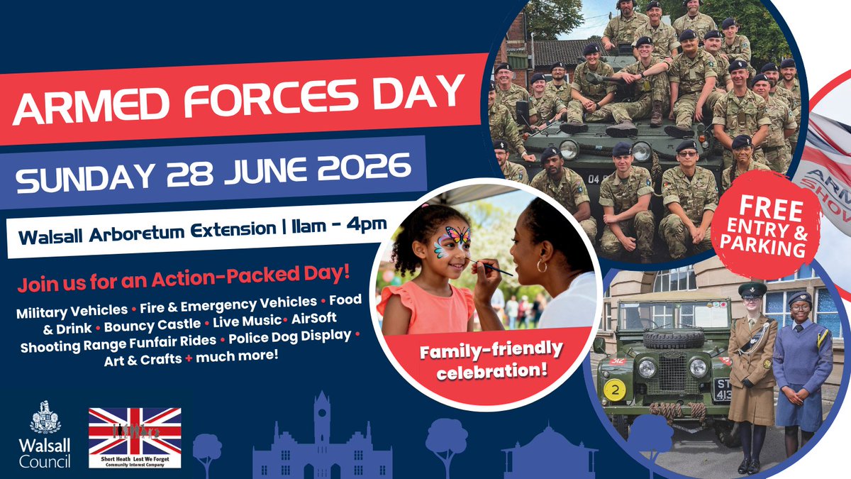 WalsallCouncil's tweet photo. Join us for an action-packed FREE day out for all the family as we celebrate and recognise Walsall's Armed Forces community! ๐ช๐ฌ๐ง
๐๏ธ Sunday 28 June 2026
โฐ 11am โ 4pm
๐ Walsall Arboretum Extension
๐
ฟ๏ธ Free entry and parking
#ArmedForcesDay #AFD26 https://t.co/2AxBqNZvw6