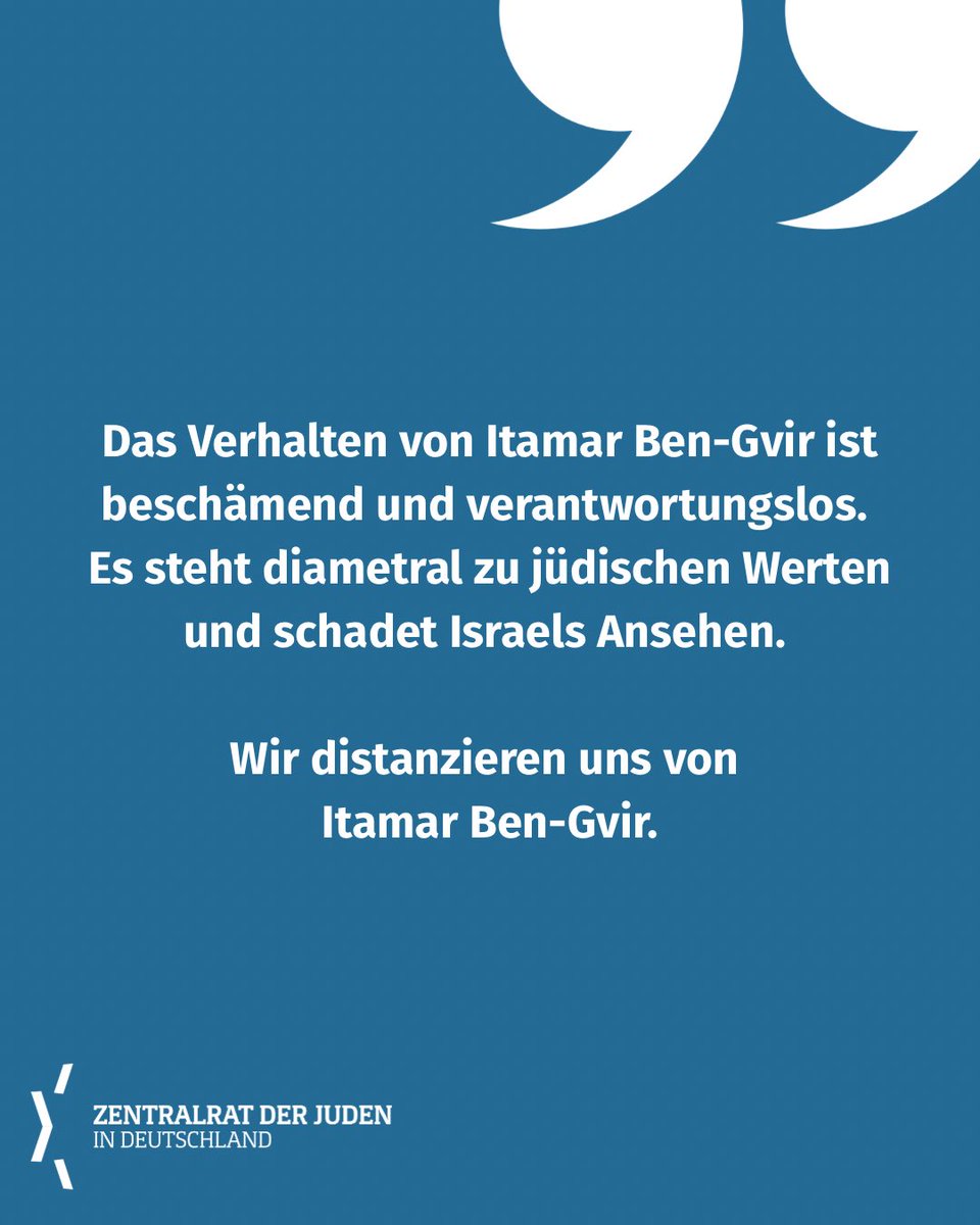 ZentralratJuden's tweet photo. Das Verhalten von Itamar Ben-Gvir ist beschämend und verantwortungslos. Es steht diametral zu jüdischen Werten und schadet Israels Ansehen. Wir distanzieren uns von Itamar Ben-Gvir. https://t.co/qoE7Y90M86