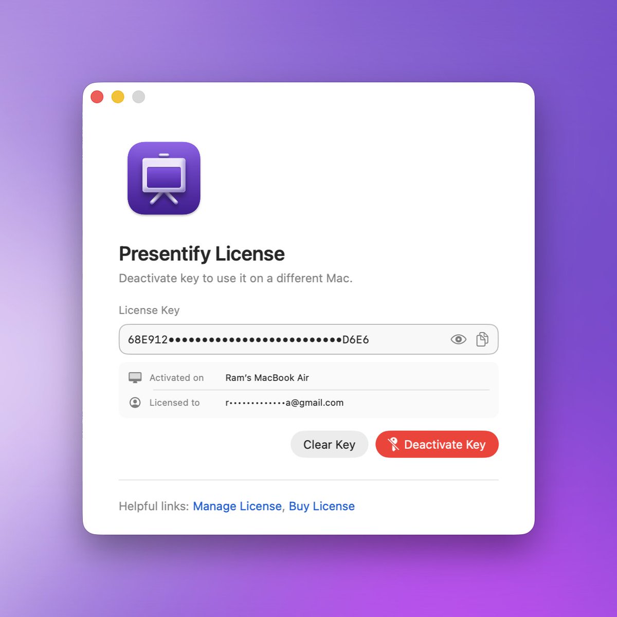 presentifyapp's tweet photo. New screens for managing your license. 

No need to contact support to find out which email you used to buy the license. https://t.co/g9LOF47bXM